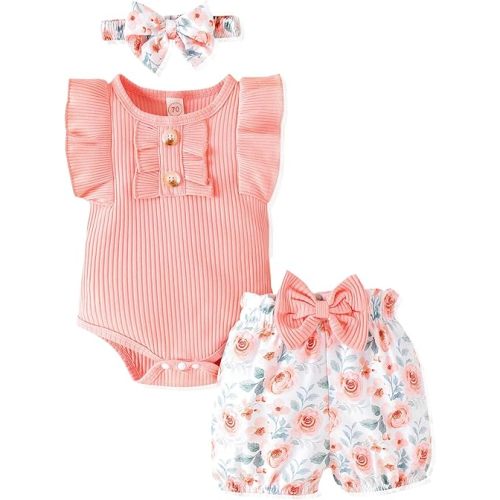 Newborn Baby Girl Clothes Outfits Ruffle Romper and Short Pant Sets with Headband Infant Bodysuits