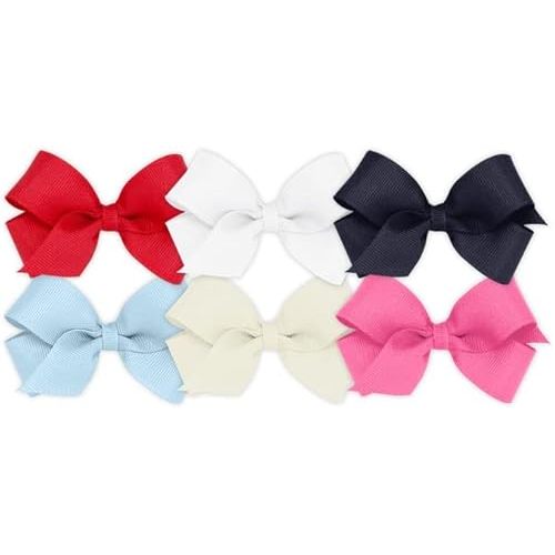 Wee Ones Girls' 6 Piece Set of Bows, Solid Grosgrain Variety Pack on a WeeStay No-Slip Hair Clip, Mini, Blue,Navy,Pink,Red,White