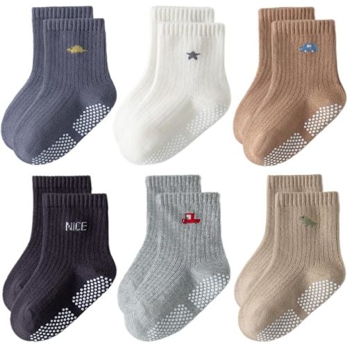 Toddler Non Slip Grip Ankle Socks with Grippers Cute Seamless for Baby Boys Girls Infants Kids 6 Pairs