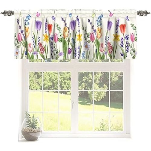 Miaoquhe Spring Valances for Kitchen Windows 54"x18" Watercolor Floral Farmhouse Kitchen Curtains Tulip Flower Lavender Summer Short Window Treatment Rod Pocket Valance for Bedroom Bathroom Decor