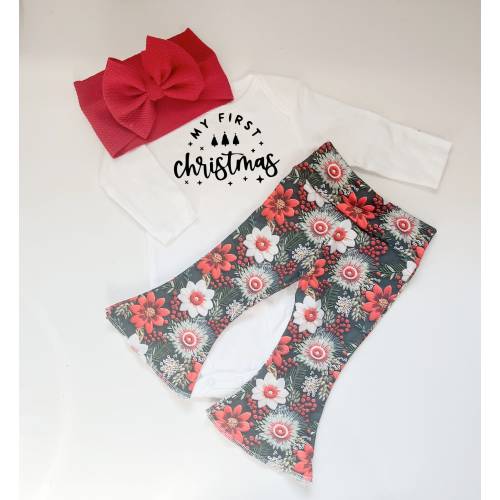 My First Christmas Baby Outfit: Floral Bell Bottoms, Bodysuit & Bow