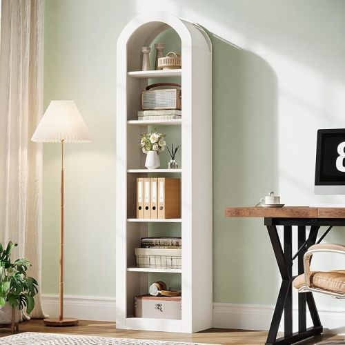 Tribesigns 74.8" Tall Arched Bookshelf, 6-Tier Narrow Open Bookcase, Floor Standing Corner Display Shelves Storage Organizer for Small Space, Home Office, Living Room (Warm White, 1 PC)
