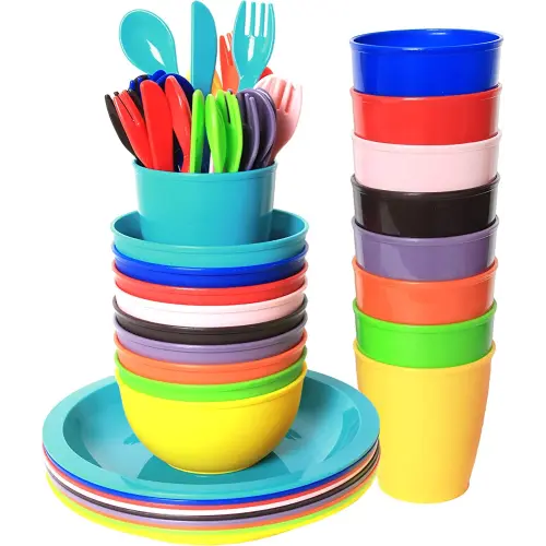 Youngever 54 pcs Plastic Kids Dinnerware Set of 9 in 9 Assorted Colors, Toddler Dining Set, Cups, Kids Plates, Kids Bowls, Flatware Set, Kids Dishes Set