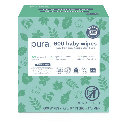 Pura Baby Wipes, Fragrance Free, Sensitive, EWG Verified, Plant-Based, 600, Choose Your Count