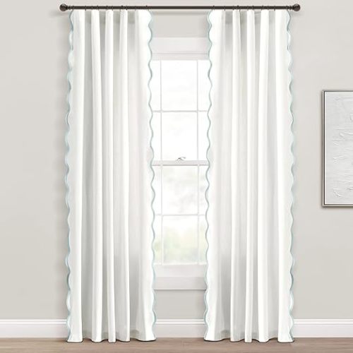 Lush Decor Coastal Chic Scalloped Edge Light Filtering Window Curtain Panels Pair, 52" W x 84" L, Blue & White - White Curtains for Living Room - Coastal Decor