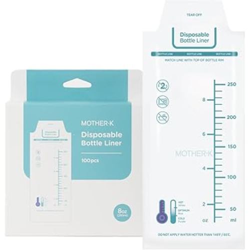 MOTHER-K Disposable Baby Bottle Liner, Must-Have Baby Travel Essentials, BPA Free & Anti-Colic (8oz, 100pcs)