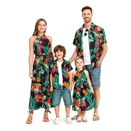 PATPAT Family Hawaiian Matching Outfits Mommy and Me Outfits Caribbean Vacation Summer Tropical Halter Sundresses and Shirts