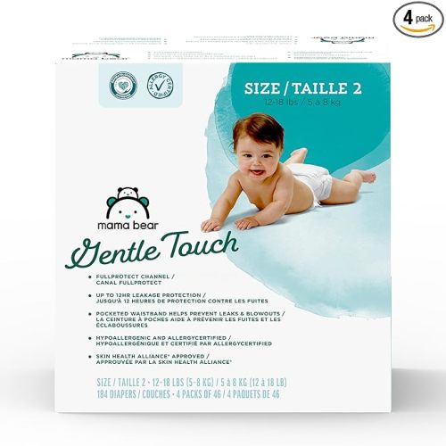 Amazon Brand - Mama Bear Gentle Touch Baby Diapers, Size 2, 184 Count (4 packs of 46), Leak Protection, Wetness Indicator, Fragrance-Free, Chlorine-Free