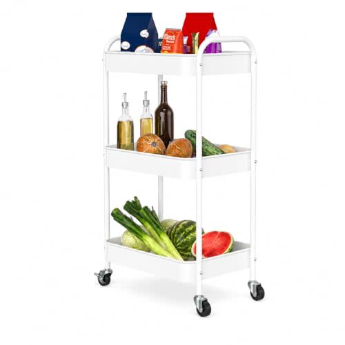 3-Tier Rolling Cart, Metal Utility Storage Carts with Wheels,White | Multi-Functional Organizer Snack Cart Easy Assembly