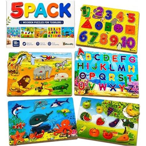 5 Pack Wooden Peg Puzzles for Toddlers 1-3 - Toddler Puzzles with Alphabet Numbers & Animals — Baby Wood Puzzle Gift - Puzzles for Toddlers 2-4 - Puzzles for Kids Ages 3-5 Learning Toys Boys and Girls