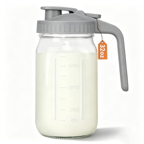 Mason Jar Pitcher, 32 oz Glass Milk Pitcher, Wide Mouth & Leakproof Glass Pitcher with Lid for milk, Sun Tea, Juice, Cold Brew Coffee and Drinks (Gray)