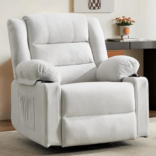 360°Swivel Rocker Recliner Chair for Adults,Manual Glider Recliner Sofa with Massage and Heating, Nursery Rocking Chairs with Cup Holds for Living Room Bedroom (Beige)
