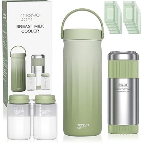 22oz Stainless Steel Breastmilk Cooler - 24Hrs Portable Breast Milk Chiller for Travel, Includes 2 BPA-Free Baby Bottles &10 Storage Bags, Leakproof Thermal Container for Working Moms, Green