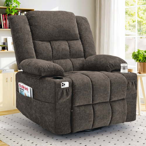 Korser 360°Swivel Rocker Recliner for Adults with Massage and Heating,Nursery Glider Recliner with Side Pockets Manual Recliner Chair Cup Holders for Living Room,Chenille,Brown