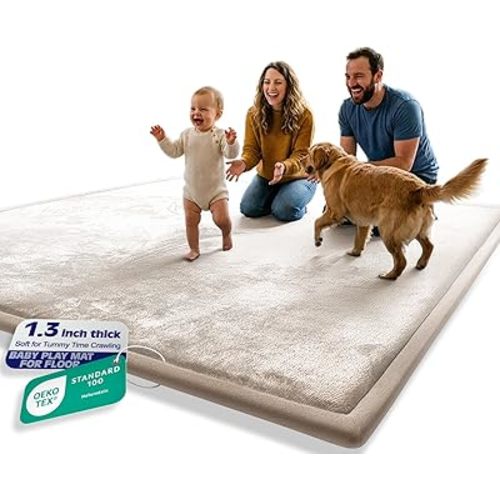 AEOCOO 50x50 Playpen Baby Play Mat for Floor, 1.3" Thick Memory Foam Play Mat for Infants Tummy Time Crawling, CloudSoft Velvet Non Slip, Play Pen, Living Room, Playroom, Tatami Style, Beige