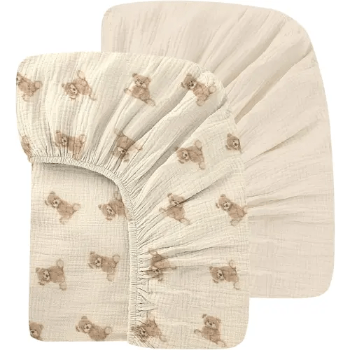 Premium Soft Cotton 2 Pack 52x28 Inches Muslin Crib Sheets Fitted Crib Mattress Sheet for Baby Girls & Boys, Soft Boho Neutral Toddler Bed Sheets Fits Well Standard Size Crib Mattress 28x52 Inches