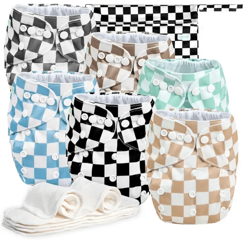 wegreeco Cloth Diapers 6 Pack with 6 Inserts & 1 Wet Bag, Washable Cloth Diapers for Babies, One Size Adjustable Reusable (Checkerboard)