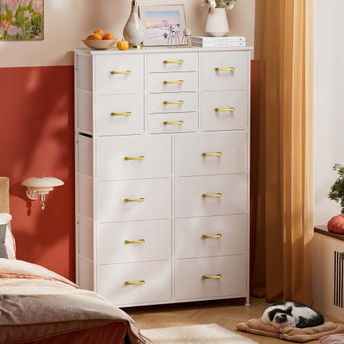 Extra-Tall 16-Drawer Dresser Organizer with Metal Handles - Heavy-Duty Non-Wood Storage Cabinet, Space-Saving Vertical design - Easy Assembly, Ideal Housewarming Gift Glacier White/Deep Space Black