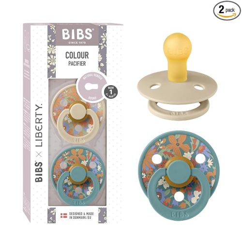BiBS Liberty Pacifier 2-Pack, BPA Free Pacfiers with Natural Latex Round Nipple, Made in Scandinavia, Size 1 (0-6 Months), June Blossom Vanilla Hush Mix