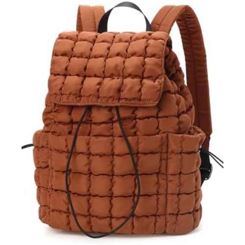 Quilted Puffer Backpack for Women Lightweight Soft Puffy Drawstring Backpacks Rucksacks Bags for Casual Daypack Travel Hiking Gym, Toffee