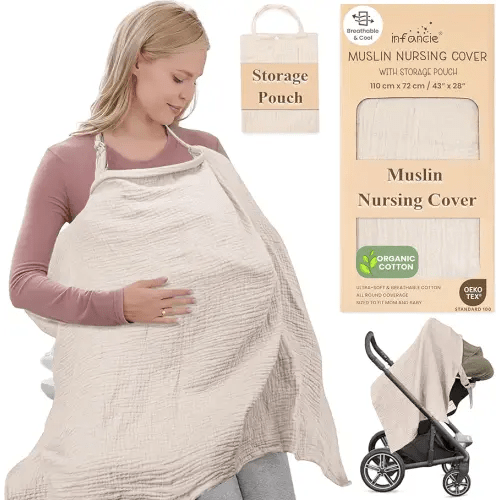 Infancie Premium Organic Breathable Muslin Nursing Cover for Breastfeeding - Privacy Breast Feeding Covers for Women - Multi-Use Nursing Cover Up - Soft & Lightweight Breastfeeding Covers