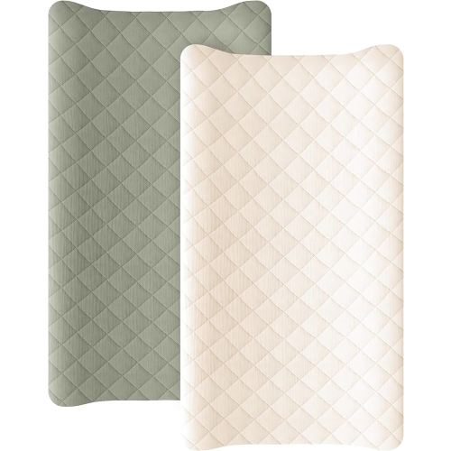 Konssy Waterproof Muslin Changing Pad Cover 2 Pack, Quilted Cotton Fitted Diaper Chang Table Cover, Soft Changing Pad Sheets for Girls Boys (Fog Green,Cream)