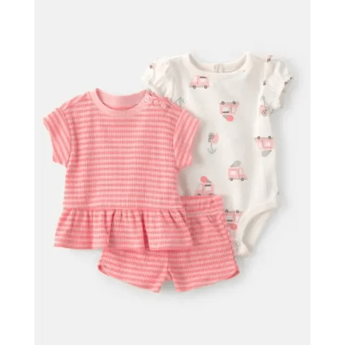Baby Girl 3-Piece Ice Cream Truck Short-Sleeve Top, Bodysuit & Short Set - Pink/Ivory | Carter's
