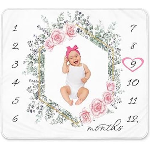 Baby Girl Milestone Blanket – 50x40, Soft Fleece, Eucalyptus & Rose Floral Design, Includes Headband & Wreath, Monthly Growth Chart, Newborn Keepsake & Baby Shower