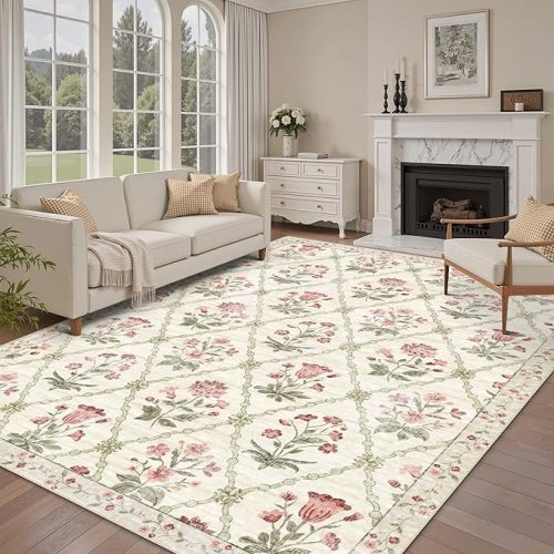 vivorug 5x7 Area Rugs - Ultra-Thin Washable Rug with Non-Slip Backing, Ideal for Living Room, Bedroom, Kitchen Floor Carpet - Modern Pink Floral, Easy Clean, Durable, Low Pile