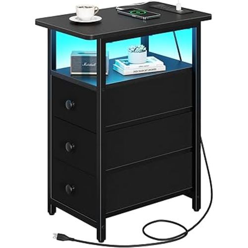 Yoobure End Table with Charging Station, LED Narrow Side Table Bedside Table, Small Night Stand End Tables Living Room, Skinny Nightstand with 3 Fabric Drawers, Side Tables Bedroom for Small Spaces