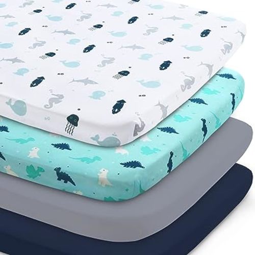 Bassinet Sheet 4 Pack for Baby Boys, Bassinet Sheets Ultra Soft Universal Fit for Most Rectangle, Oval, Hourglass Bassinet Mattress, Bassinet Sheets, Navy