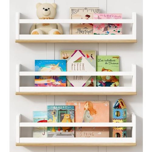 Harwaya Floating Nursery Book Shelves for Wall, 24 Inch Long Wall Bookshelf for Kids Room, White and Natural Wood Hanging Bookshelves for Baby Toddler Childrens Kids Bedroom Bathroom (Set of 3)