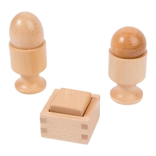 Adena Montessori 3D Object Fitting Exercise Set, 6-12m | Natural wood, Egg+cup, ball+cup, cube+box. Builds fine motor, hand-eye & problem-solving. Montessori infant material. Gift.