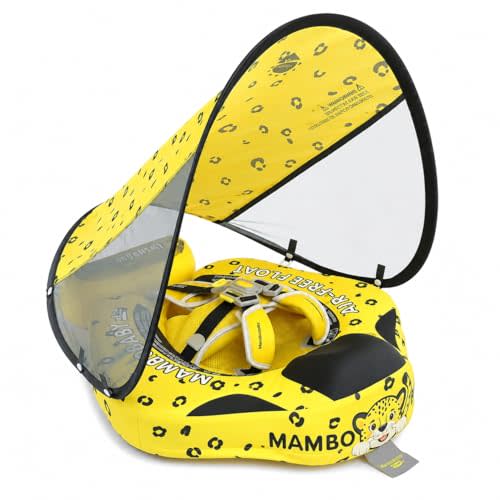 Mambobaby Baby Pool Float with Canopy, Non-Inflatable Infant Baby Swim Float Trainer with Safe Seat & Tail Support for Toddler, Mambo Baby Float Solid UPF 50+ Sun Protection