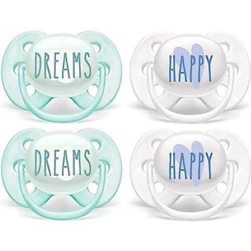 Philips AVENT Ultra Soft Pacifier 0-6 Months, Dreams and Happy Designs, 4 Pack, White/Green, SCF222/43