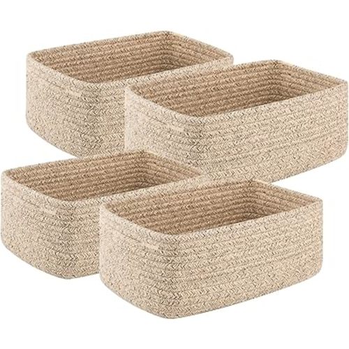 4 Pack Small Storage Shelf Baskets for Organizing, Mini Woven Rope Storage Bins for Towels, Cute Decorative Closet Organizer，Baby Nursery, Gift Empty Baskets -13''Lx8.66''Wx5.11''H-Brown