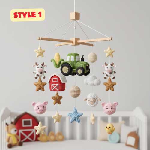 Handmade Crochet Farm Baby Mobile: Barn Animals & Tractor