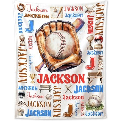 Personalized Baseball Blanket for Boys Girls,Custom Baby Blanket with Name for Newborn Toddler Kids,Customized Throw for Nursery Birthday Stroller Crib Swaddle,4 Size