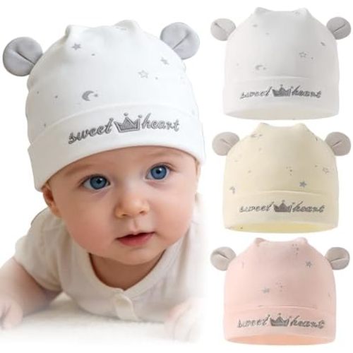 3 Pack Newborn Hats Infant Beanies for Unisex Baby Girls & Boys 0-12 Months 95% Cotton Soft