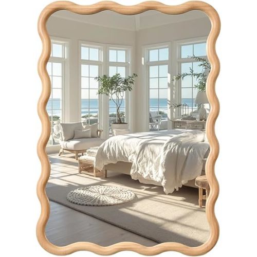 Bathroom Mirror for Wall,24x36 inch Large Irregular Wavy Wood Modern Boho Vanity Farmhouse Mirrors for Bedroom Living Room Entryway Hallway Fireplace