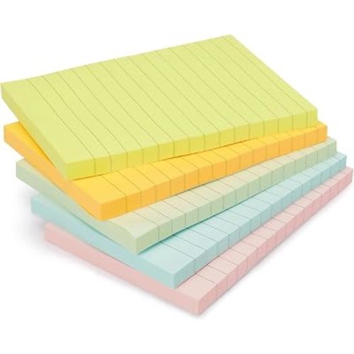 Amazon Basics Lined Sticky Notes, 4x6" Self-Stick Pads with Clean Removal Adhesive for To Do List, Home, Office, Notebook, Assorted Colors, 100 Sheets/Pad, Pack of 5