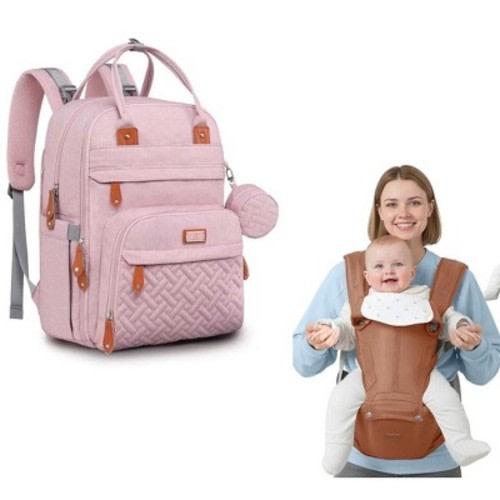 BabbleRoo Original Pink Basic Diaper Bag and Kangaroo Rose Carrier Bundle
