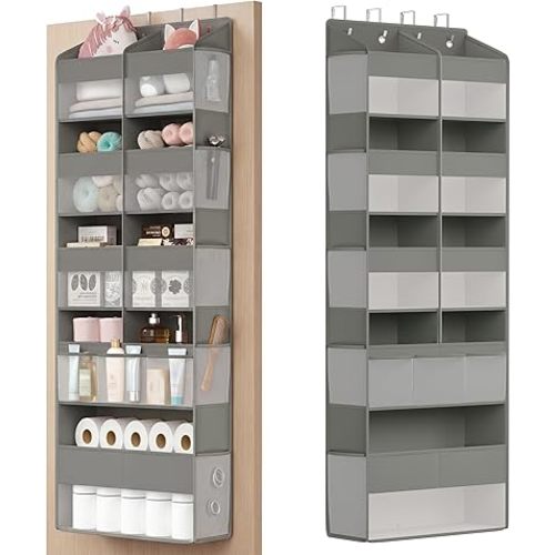 SONGMICS Over-the-Door Organizer, 9-Compartment Door Hanging Storage Shelf, Foldable Closet Hanging Organizer, Heavy-Duty, Metal Hooks, Transparent, Dove Gray URDH009GD01
