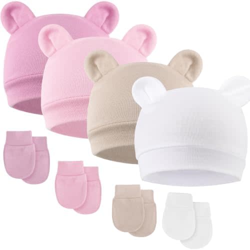 BQUBO Newborn Baby Bear Ears Hats and Mittens Sets Preemie Cotton Caps Baby Boy Girl Infant Hospital Beanie