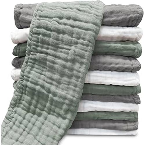 Sunny zzzZZ Muslin Burp Cloths for Baby 100% Cotton Burping Cloths for Unisex, Boy, Girl - Large 20'' by 10'' Newborn Essentials Ultra Soft Absorbent Milk Spit Up Rags - 12 Pack - White+Green+Grey