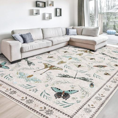 Garvee Insect Machine Washable Soft Area Rugs for Living Room Low Pile Non Slip Bedroom Rug Under Bed Ultra-Thin Large Carpet for Dining Room Office kids Playroom Nursery Farmhouse Beige 5 ft x7 ft