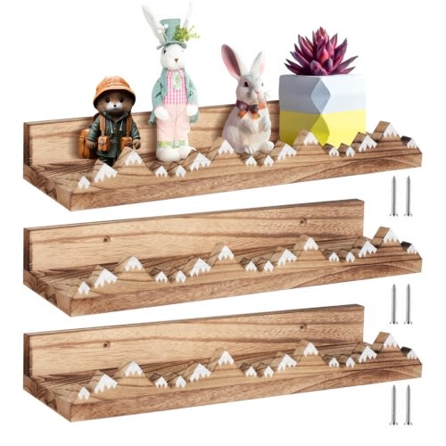 Wenqik 3 Pcs Snow Mountain Floating Shelves Wood Nursery Book Shelves Wall Mounted Rustic Floating Ledge for Kids Room(Light Brown)