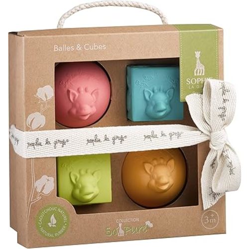 Sophie la girafe So'Pure Cubes & Balls | 4 Light & Colorful Balls | Easy to Grasp | Designed with Natural Rubber to Soothe & Awaken All 5 Senses