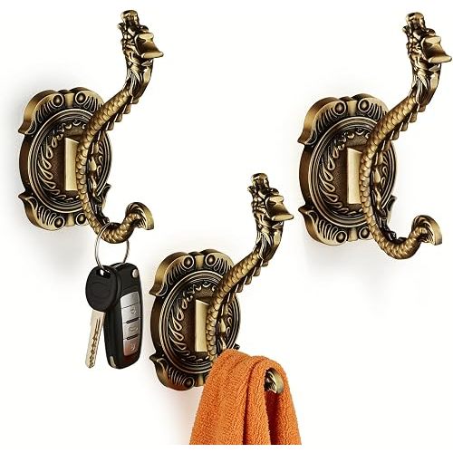 Antique Gold Coat Hooks,Dragon Design Heavy-Duty Wall Mounted Purse Hook, Unique Vintage Wall Hooks for Coats, Hats, Keys, Towels Bags, Decorative Bathroom Entryway Organizer,Set of Three
