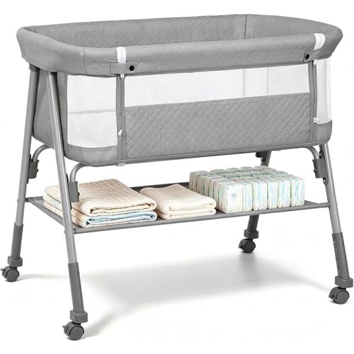 Baby Bassinet, 3-in-1 Baby Bassinets Bedside Sleeper for Newborn with Breathable Mesh, Portable Baby Crib with 4- Adjustable Height, Mattress, Storage Basket & Lockable Wheels, CPSC Grey